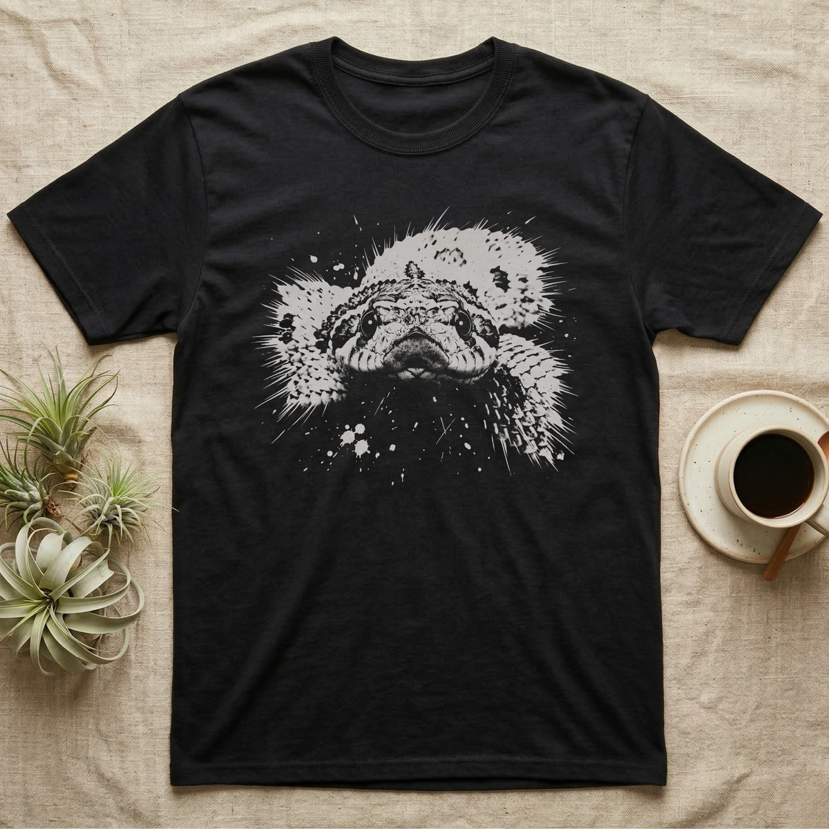 Western Hognose Macro T-Shirt in Black — Western hognose snake face in extreme close-up, crushed to one pale ink on black with the upturned snout centred.