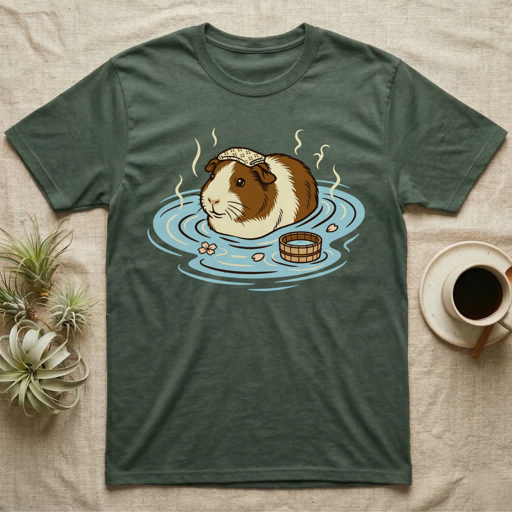 Guinea pig relaxing in a steaming hot spring with a towel on its head.