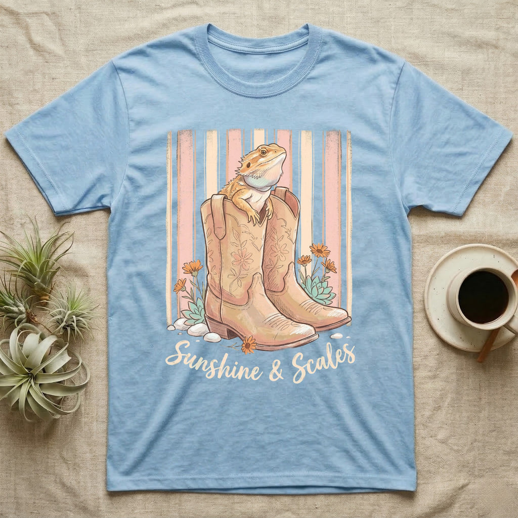 Bearded dragon in cowboy boots with "Sunshine & Scales" text.