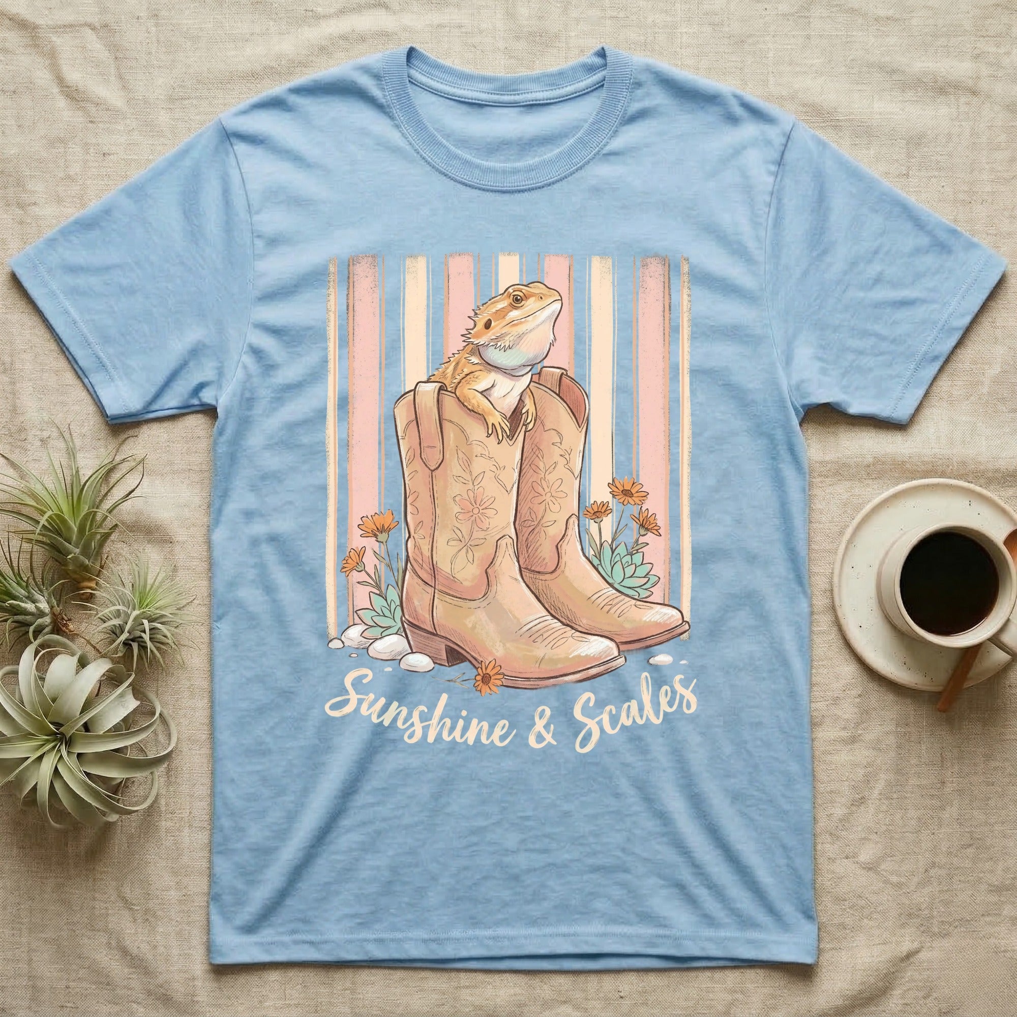 Bearded dragon in cowboy boots with "Sunshine & Scales" text.