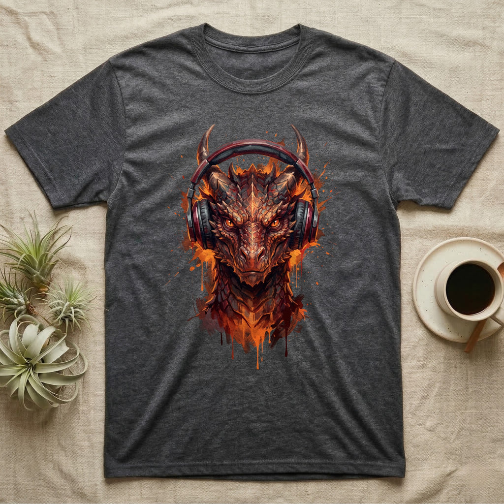 Dark grey t-shirt featuring a dragon head wearing red headphones.