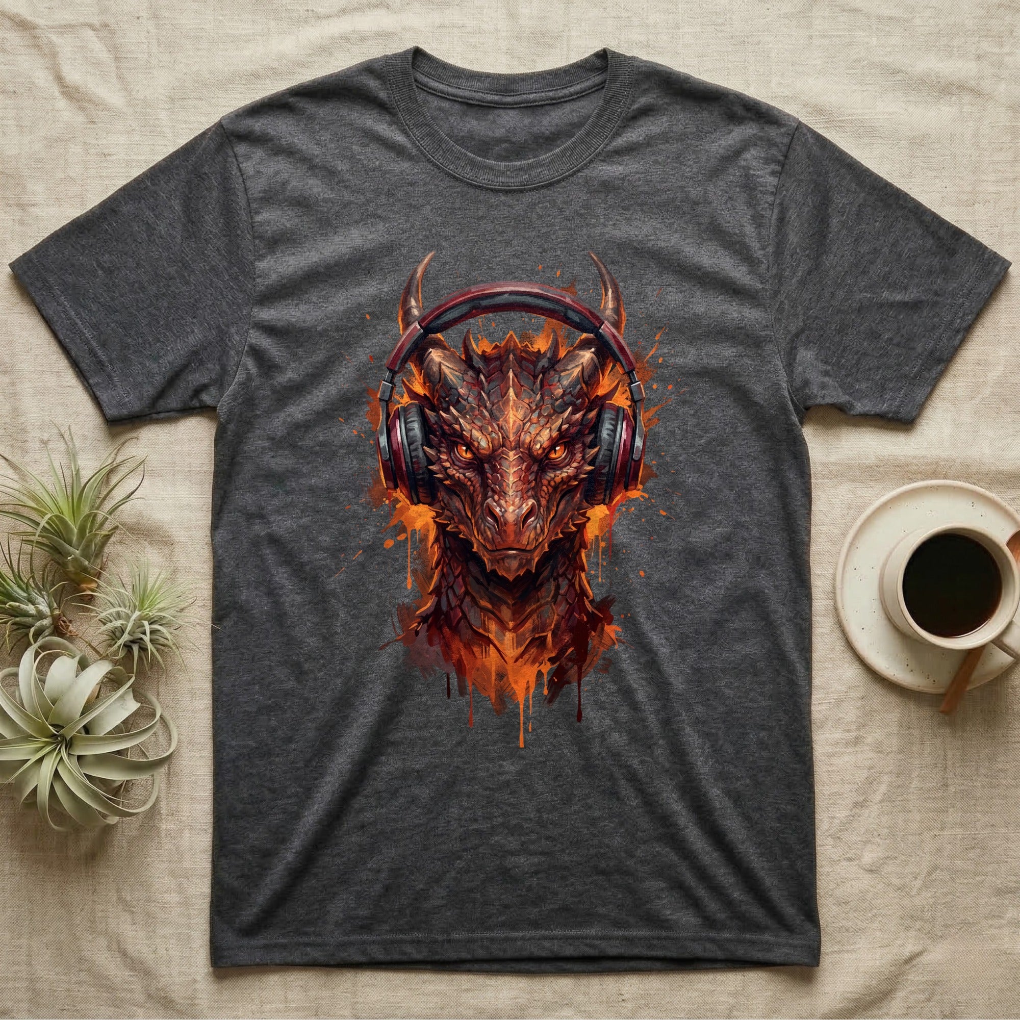 Dark grey t-shirt featuring a dragon head wearing red headphones.