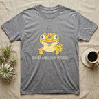 Grey t-shirt with yellow gecko graphic and "BRAIN CELL NOT FOUND" text.