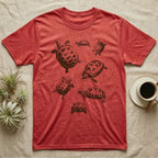 Russian Tortoise Space Helmets T-Shirt in Heather Red — One-ink screen print of seven Russian tortoises in rounded space helmets drifting at varied sizes.