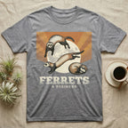 Three Ferret Moon Tee in Sport Grey — Retro-illustration of three ferrets in war-dance, stretch, and sleeping-coil poses around a stratified halftone full moon.