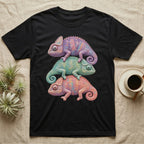 Three colorful chameleons stacked on a black t-shirt.