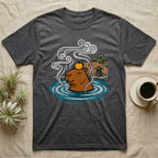Capybara in hot spring with orange slice on head, Japanese garden background.