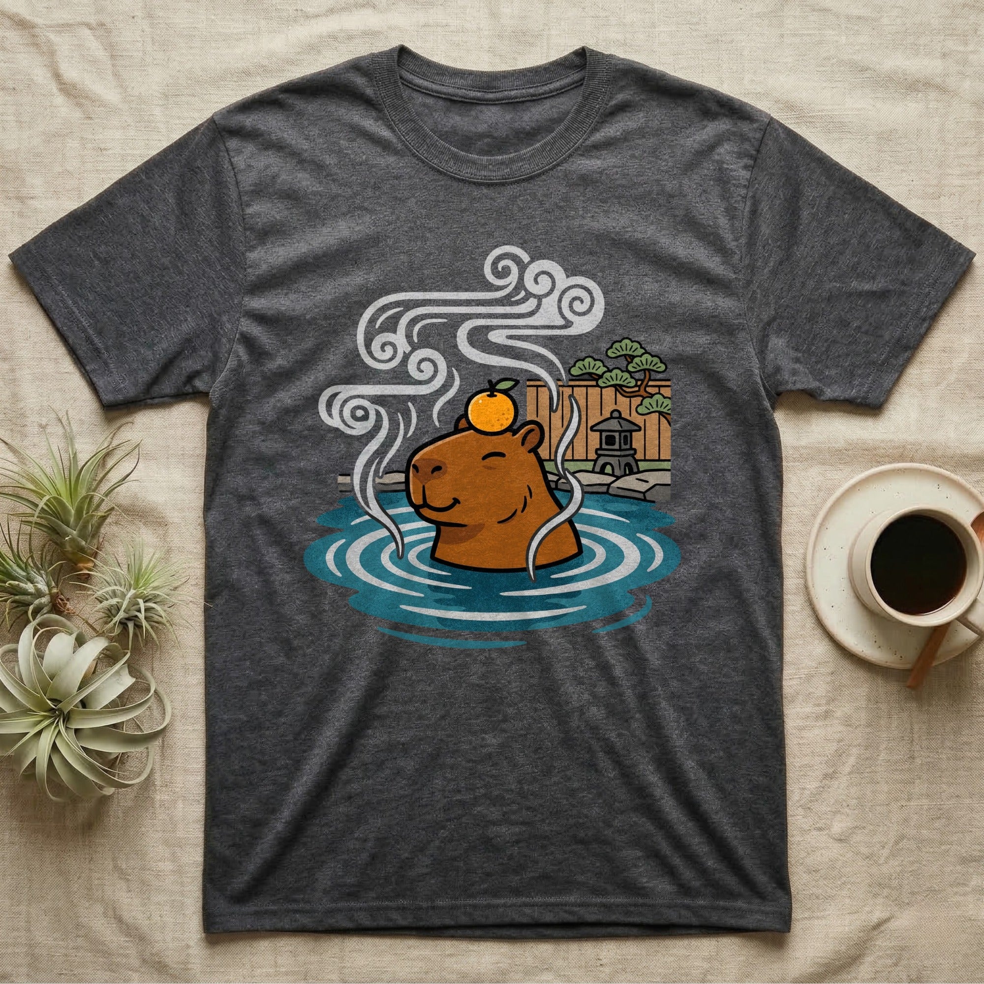 Capybara in hot spring with orange slice on head, Japanese garden background.