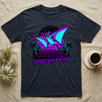 T-shirt with a neon graphic of a flying sugar glider and palm trees.