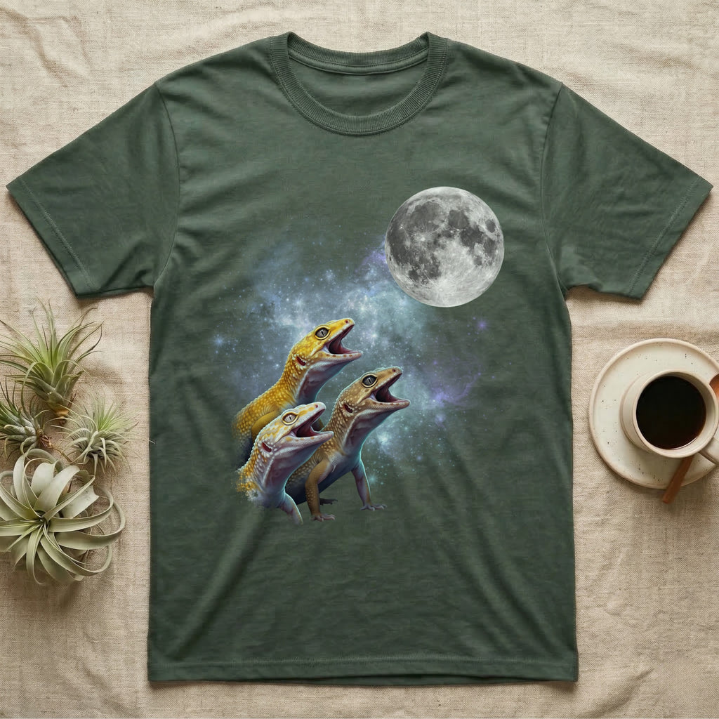 Leopard Gecko Moon Howl T-Shirt in Military Green — Three Leopard Gecko colour morphs howling at a full moon over a nebula on a dark grey t-shirt.