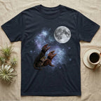 Red-Eyed Crocodile Skink Moon Howl T-Shirt in Navy — Three Red-Eyed Crocodile Skink colour morphs howling at a full moon over a nebula on a dark grey t-shirt.