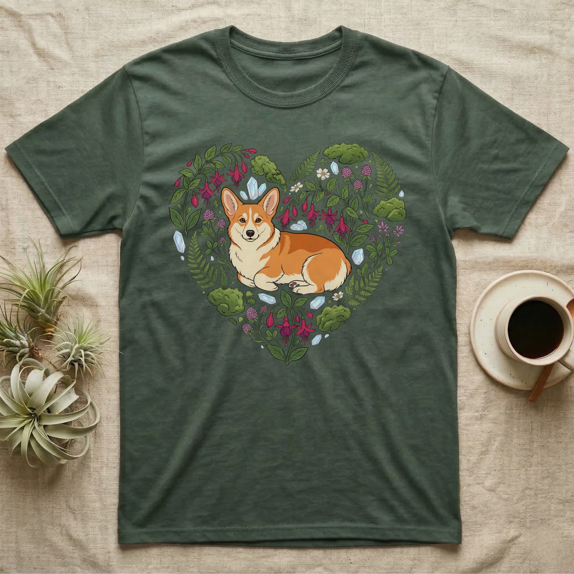 Green t-shirt with a corgi and floral heart design.