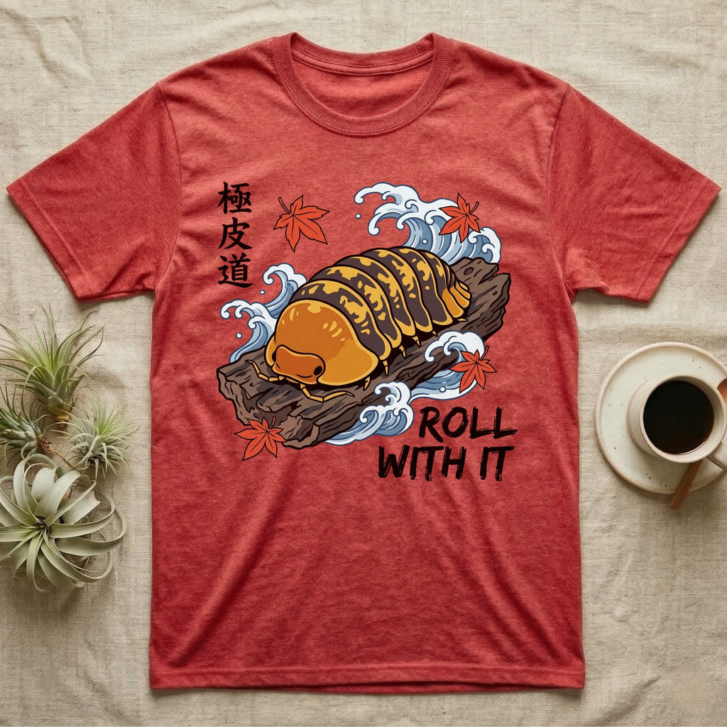 Rubber Ducky Isopod Ukiyo-e T-Shirt in Heather Red — Ukiyo-e woodblock rubber ducky isopod on cork bark among waves and maple leaves, "Roll With It".