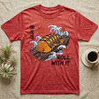 Rubber Ducky Isopod Ukiyo-e T-Shirt in Heather Red — Ukiyo-e woodblock rubber ducky isopod on cork bark among waves and maple leaves, "Roll With It".