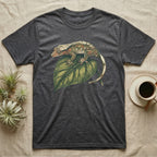 Dark gray t-shirt featuring a crested gecko illustration on a green leaf.
