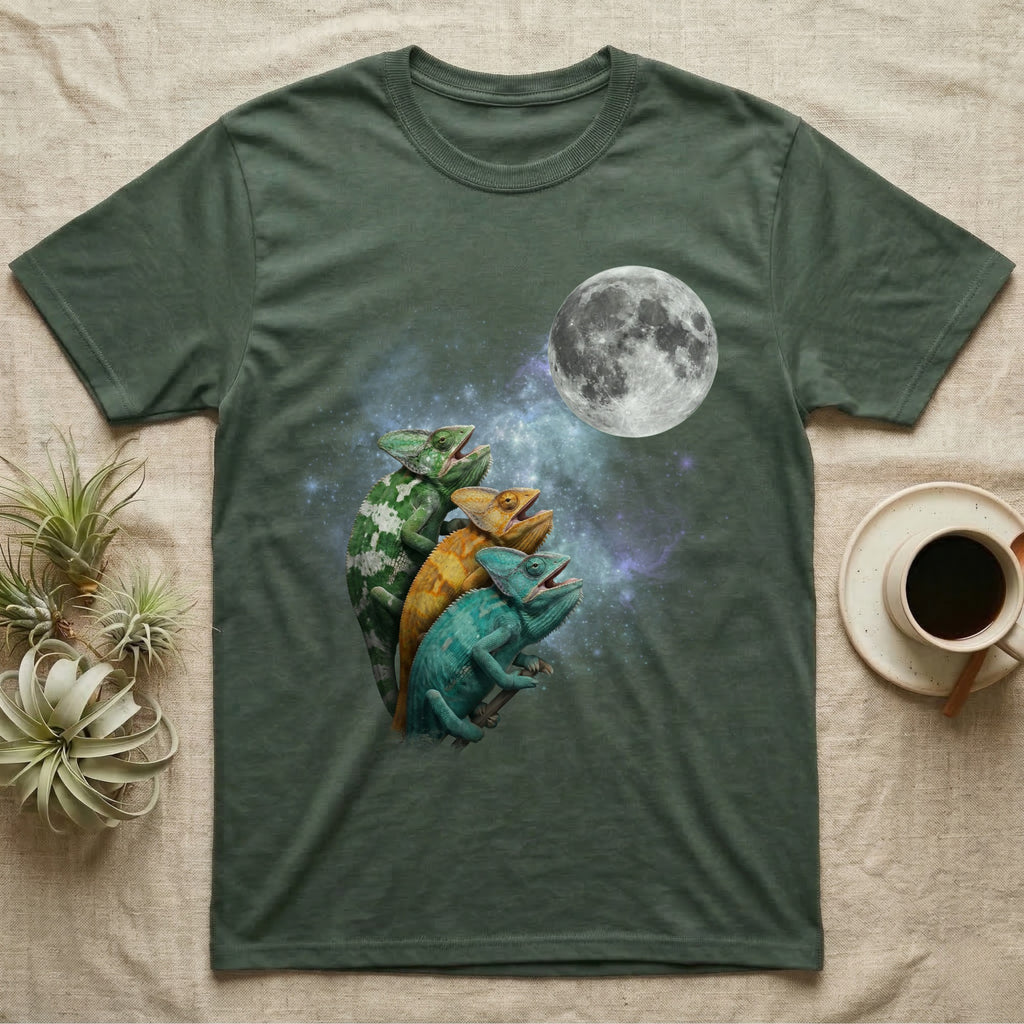 Veiled Chameleon Moon Howl T-Shirt in Military Green — Three Veiled Chameleon colour morphs howling at a full moon over a nebula on a dark grey t-shirt.