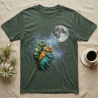 Veiled Chameleon Moon Howl T-Shirt in Military Green — Three Veiled Chameleon colour morphs howling at a full moon over a nebula on a dark grey t-shirt.