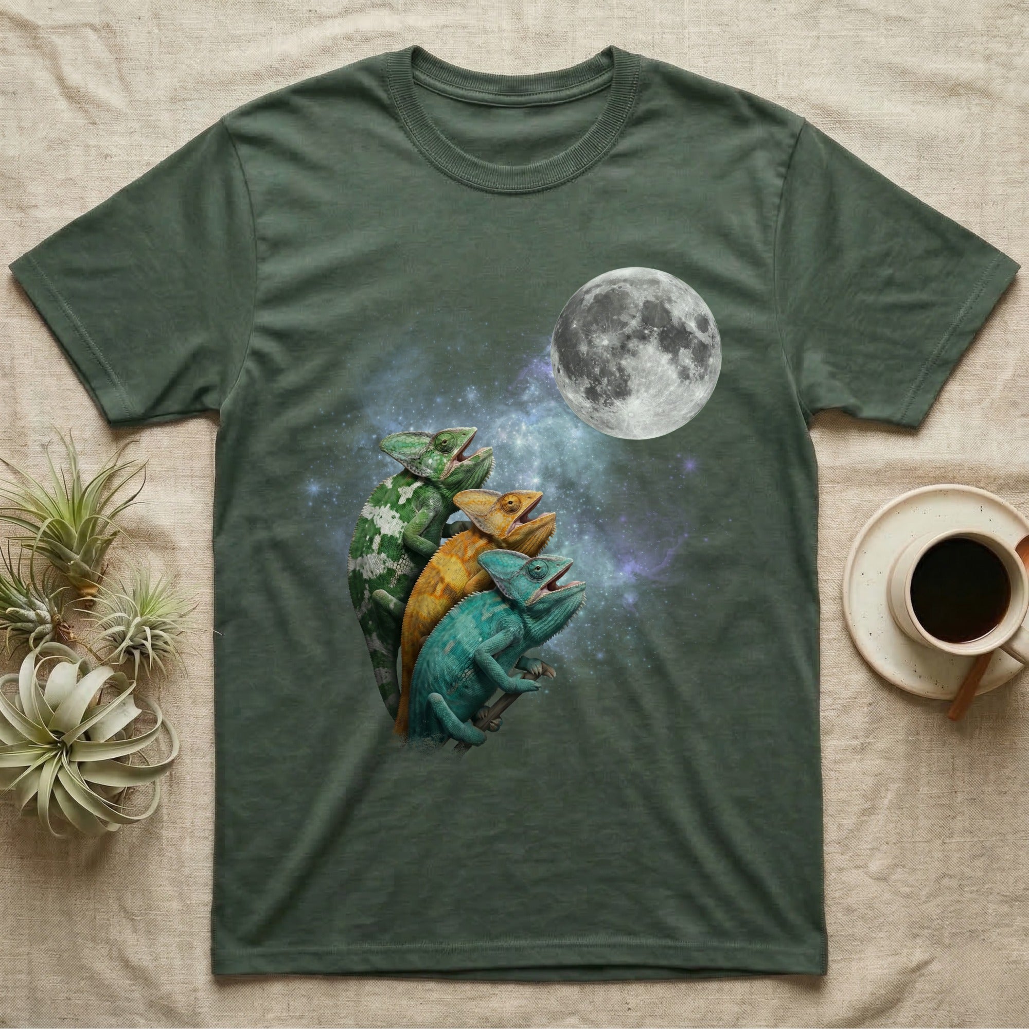 Veiled Chameleon Moon Howl T-Shirt in Military Green — Three Veiled Chameleon colour morphs howling at a full moon over a nebula on a dark grey t-shirt.