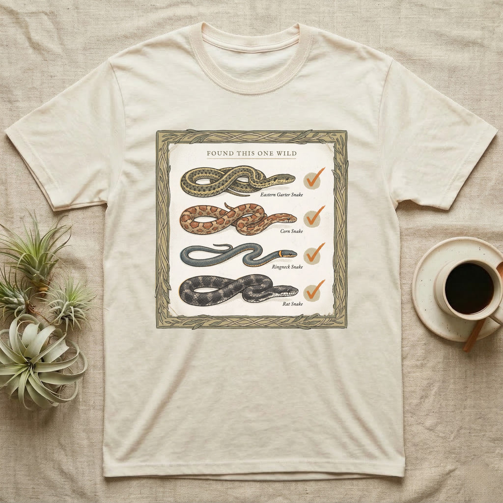 Native Snake Life List T-Shirt in Natural — Vintage field-guide life list of native snakes drawn as small specimens with tally checkmarks beside each.