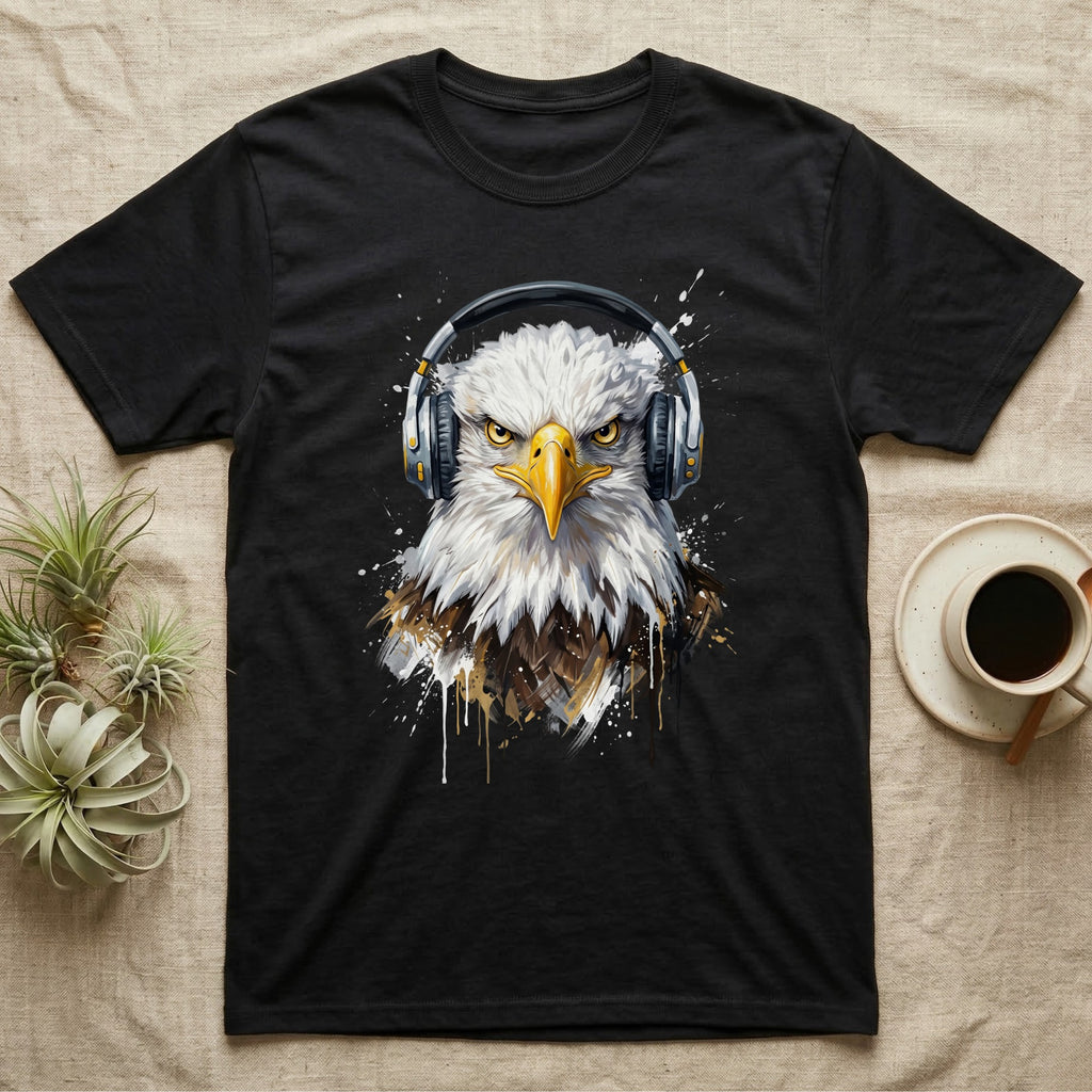Black t-shirt with a graphic of a bald eagle wearing headphones.