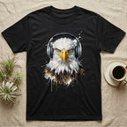 Black t-shirt with a graphic of a bald eagle wearing headphones.