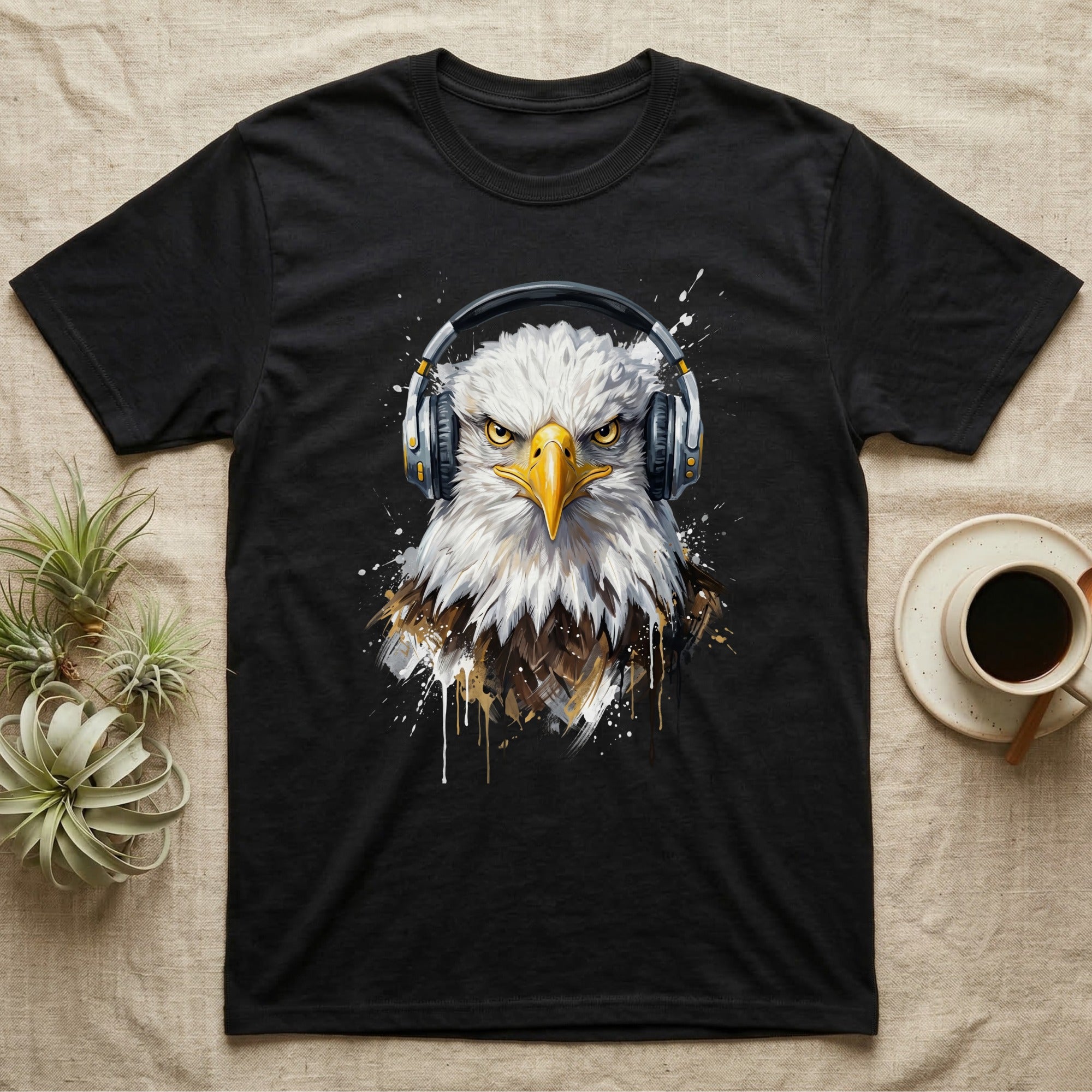 Black t-shirt with a graphic of a bald eagle wearing headphones.