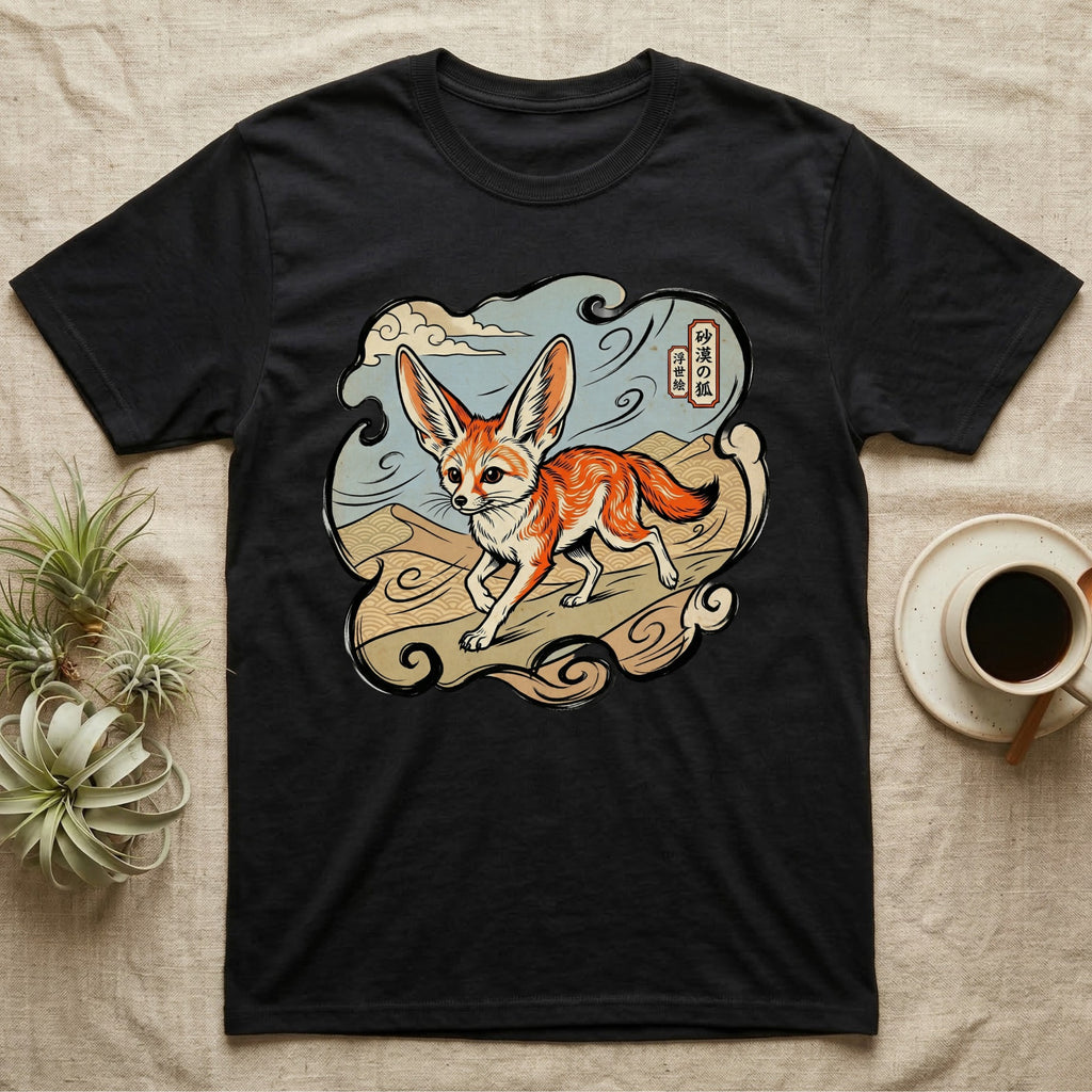 Black t-shirt with a fennec fox design and Japanese text.