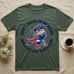 Bearded Dragon Don't Tread T-Shirt in Military Green — Pop-art red-white-blue bearded dragon in a tricorn hat inside a ring reading Don't Tread On My Beard.