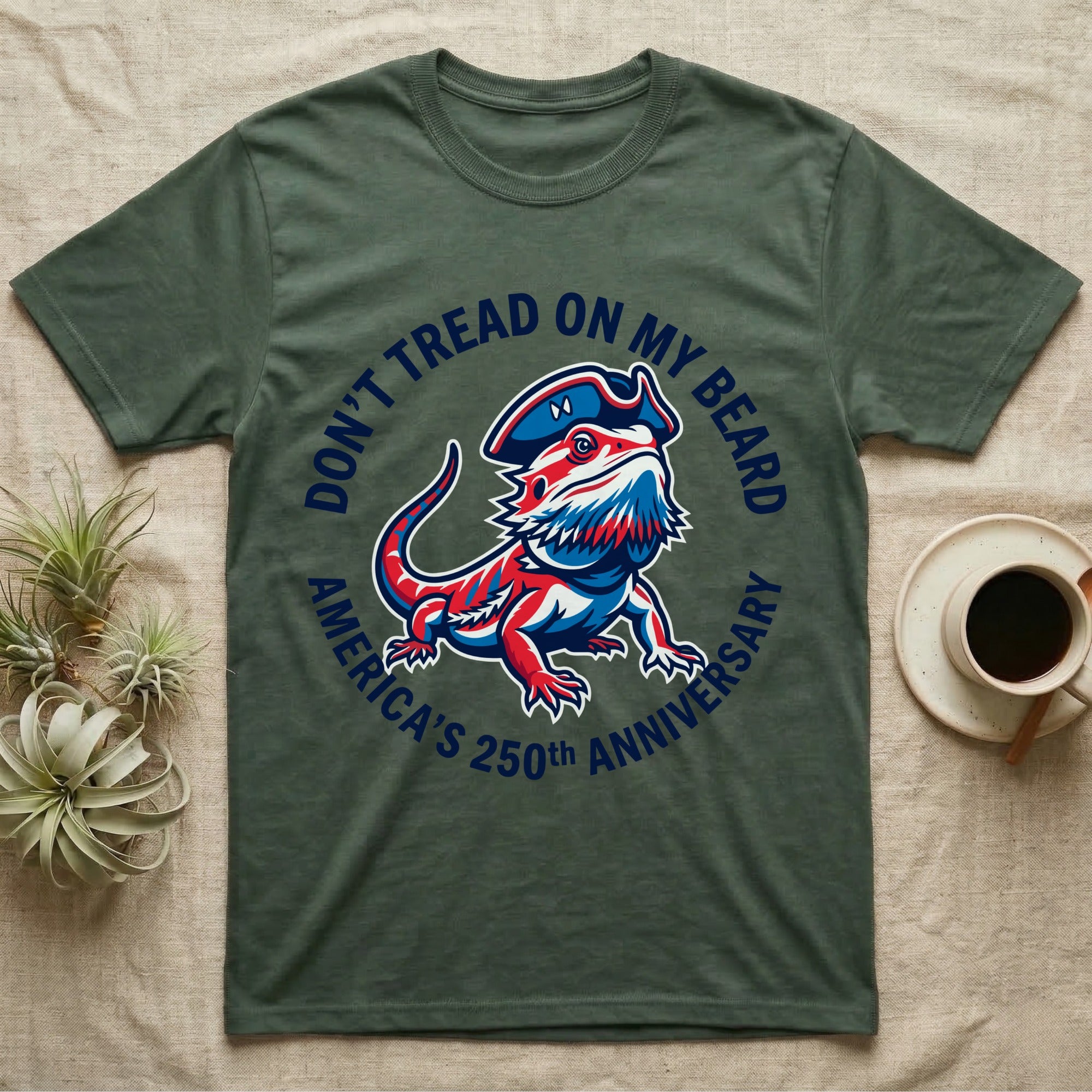 Bearded Dragon Don't Tread T-Shirt in Military Green — Pop-art red-white-blue bearded dragon in a tricorn hat inside a ring reading Don't Tread On My Beard.