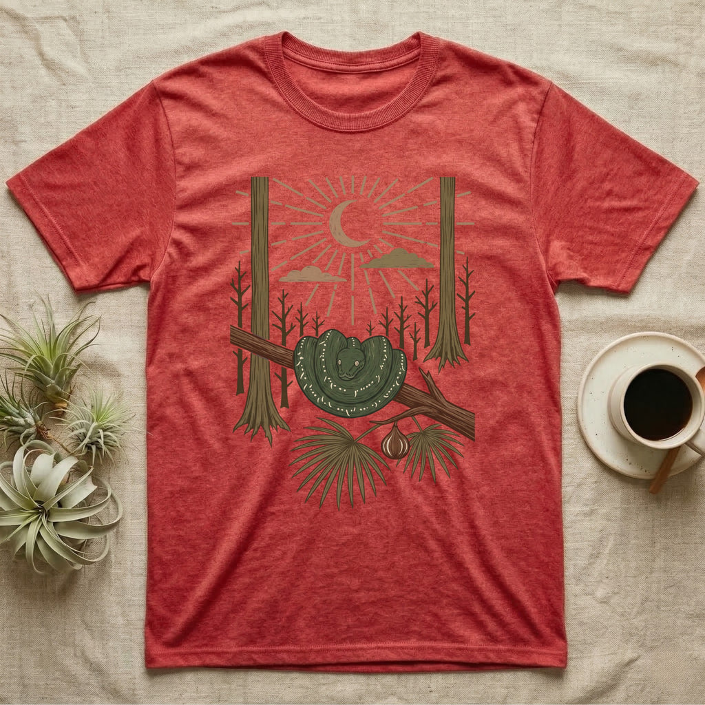 Green Tree Python Home Range T-Shirt in Heather Red — Woodcut-style illustration of a green tree python coiled in a saddle over a branch with palms and tall trunks behind, no on-shirt text.