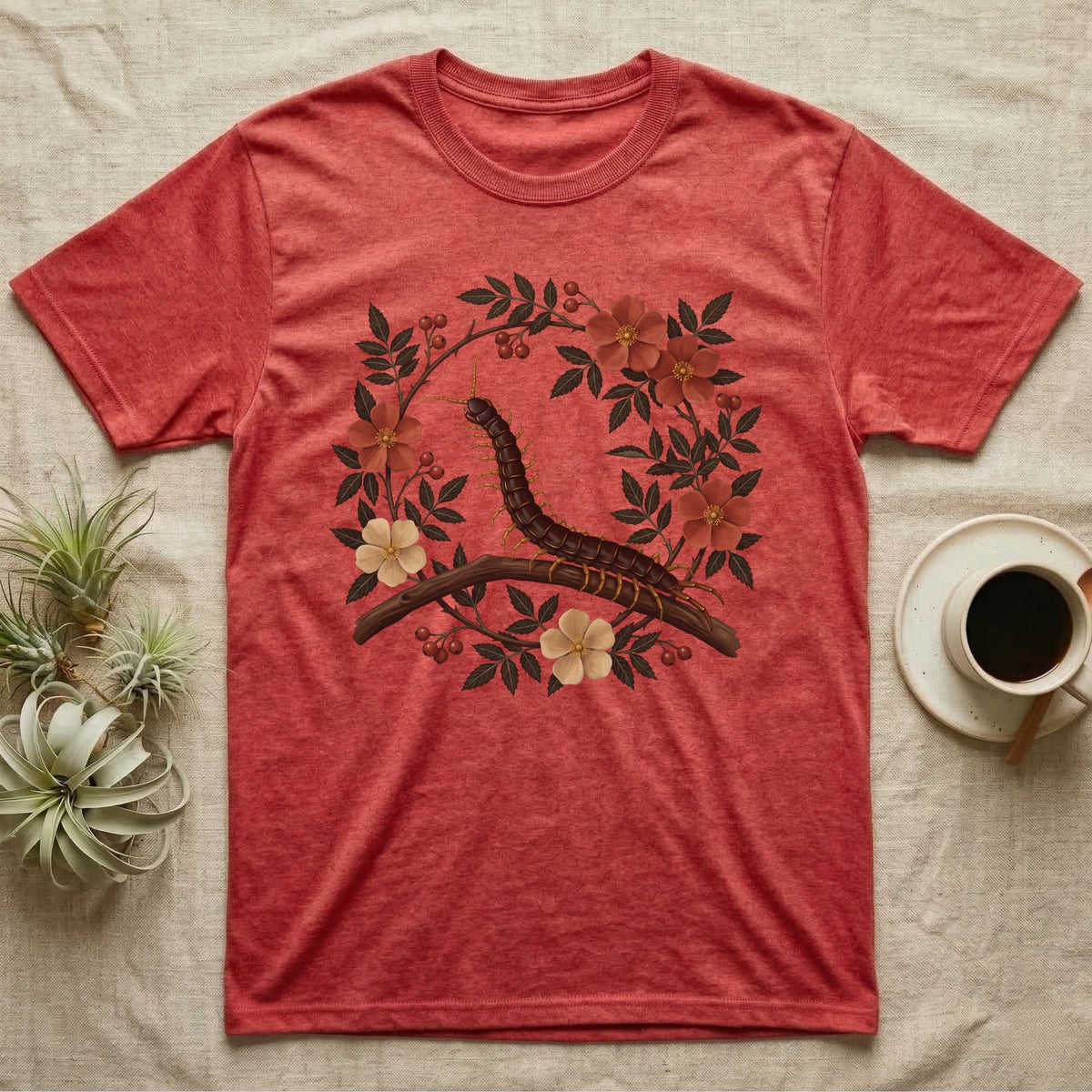 Vietnamese Centipede Botanical T-Shirt in Heather Red — Vietnamese giant centipede painted in matte oil, in profile on a branch inside an oval bower of flowering bramble.