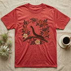 Vietnamese Centipede Botanical T-Shirt in Heather Red — Vietnamese giant centipede painted in matte oil, in profile on a branch inside an oval bower of flowering bramble.