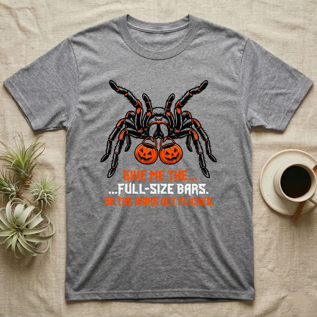 Tarantula Full-Size Bars T-Shirt in Sport Grey — Black-and-orange tarantula holding two jack-o'-lantern buckets, "Give Me the Full-Size Bars Or the Hairs Get Flicked."