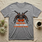 Tarantula Full-Size Bars T-Shirt in Sport Grey — Black-and-orange tarantula holding two jack-o'-lantern buckets, "Give Me the Full-Size Bars Or the Hairs Get Flicked."