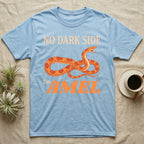 Amel Corn Snake T-Shirt in Light Blue — Orange engraved amel corn snake with orange-red saddles mid-hiss between peach and orange lettering reading NO DARK SIDE, I'm AMEL