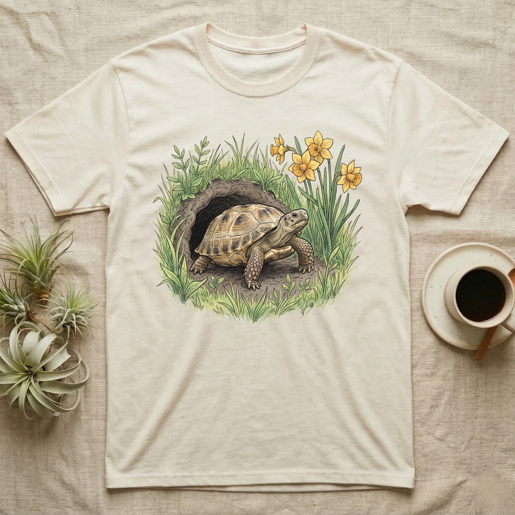 Russian Tortoise Spring T-Shirt in Natural — Botanical illustration of a Russian tortoise stepping into spring grass framed by daffodils and early shoots.