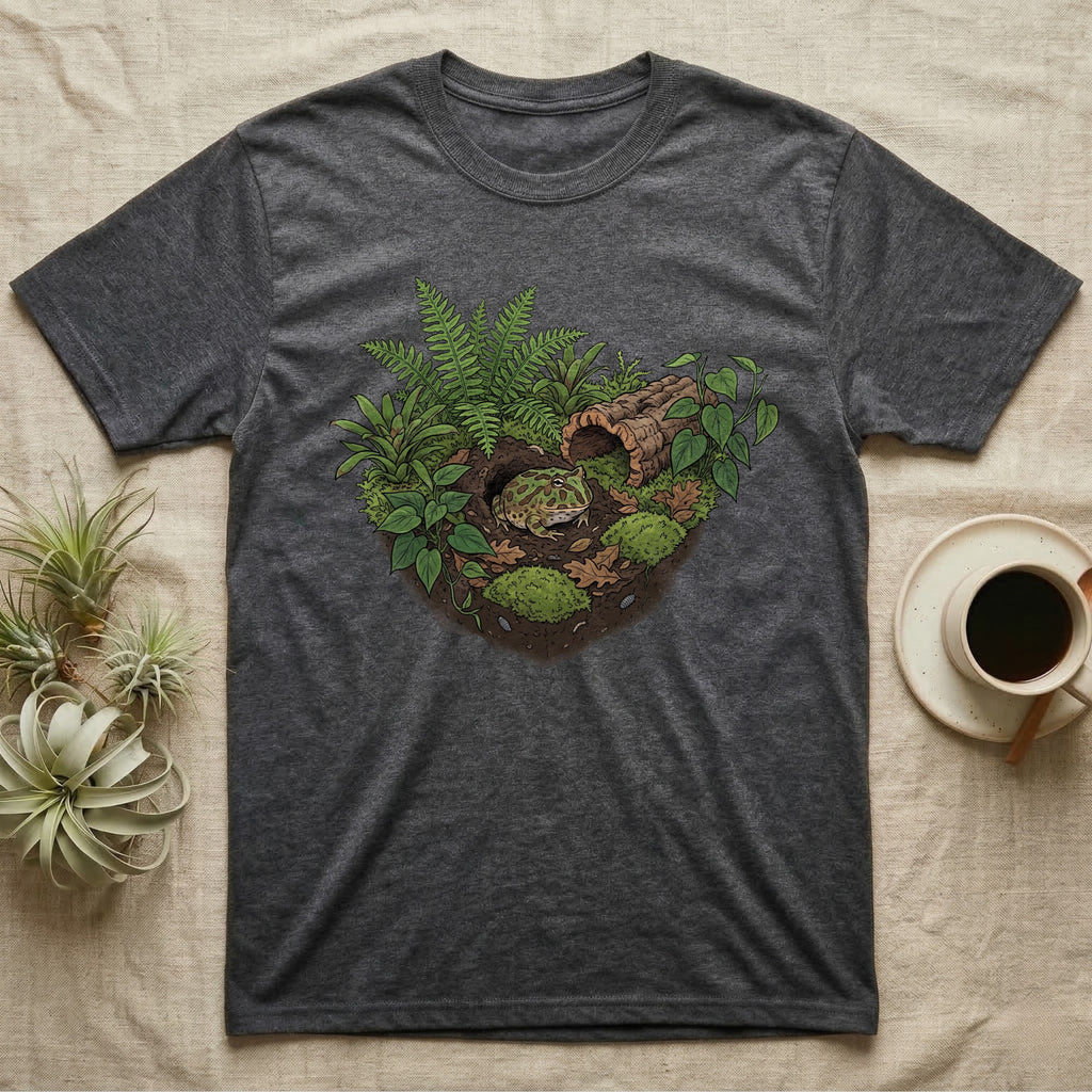 Pacman Frog Vivarium T-Shirt in Dark Heather — Botanical illustration of a pacman frog thriving in a planted bioactive vivarium beside a small empty plastic cup.