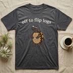 Box Turtle Herping T-Shirt in Dark Heather — Minimal doodle of an eastern box turtle standing upright in a headlamp holding a flashlight, under the words off to flip logs