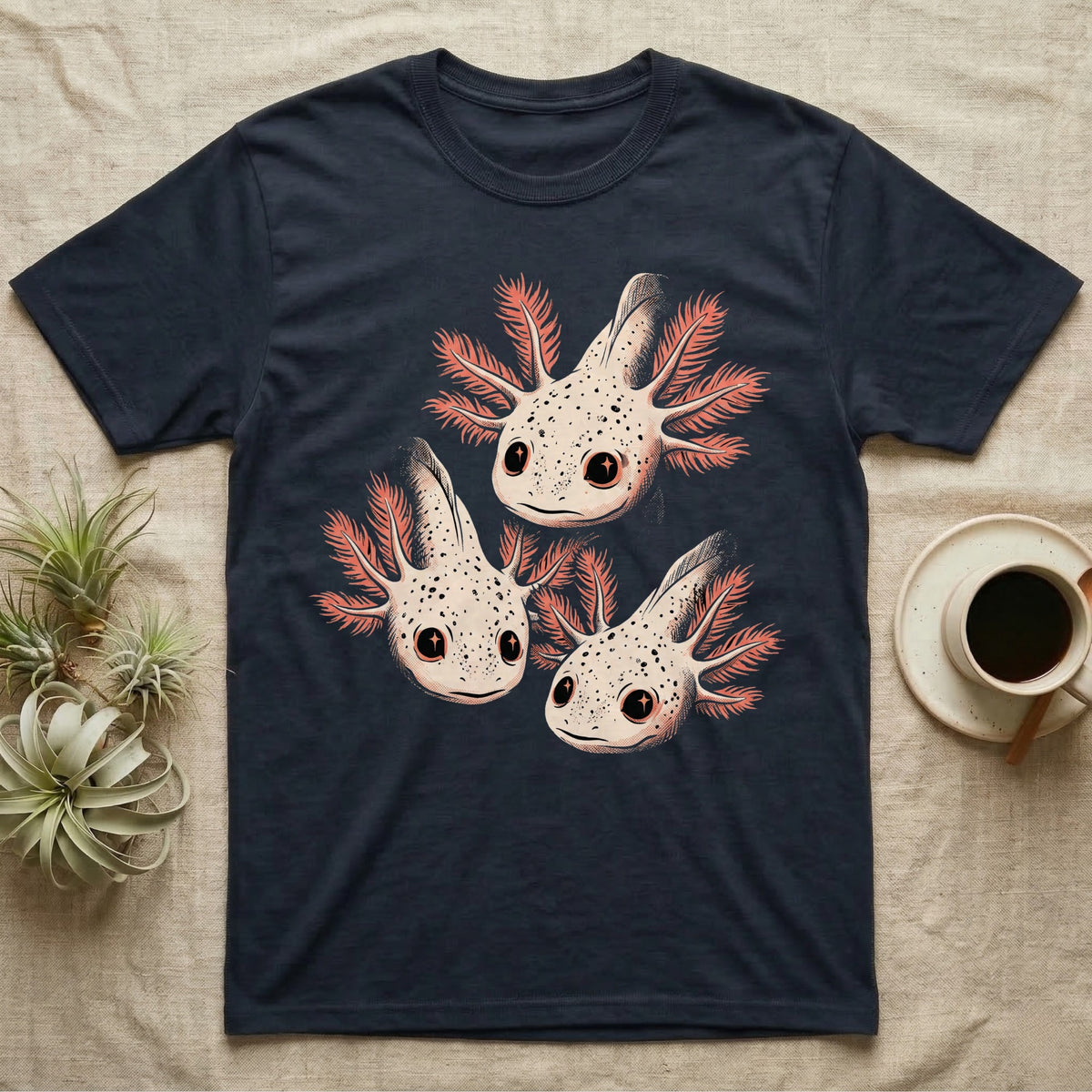 Vintage comic screen-print illustration of three axolotls clustered together with coral feathery gills and sparkling star-highlighted eyes, graphic-only, no text. — shown on a Navy tee.