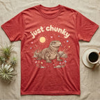 Savannah Monitor Softie T-Shirt in Heather Red — Plump savannah monitor lizard with flicking tongue under pastel bubble text "just chunky" and hearts.