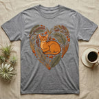 Grey t-shirt featuring a heart-shaped floral wreath with an Abyssinian cat.