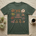 Snake Keeper Personalities T-Shirt in Military Green — Outline illustration of five snakes in different postures scattered around hand-lettered script on grey.