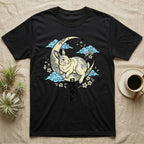 Black t-shirt with a rabbit on a crescent moon with clouds and flowers.