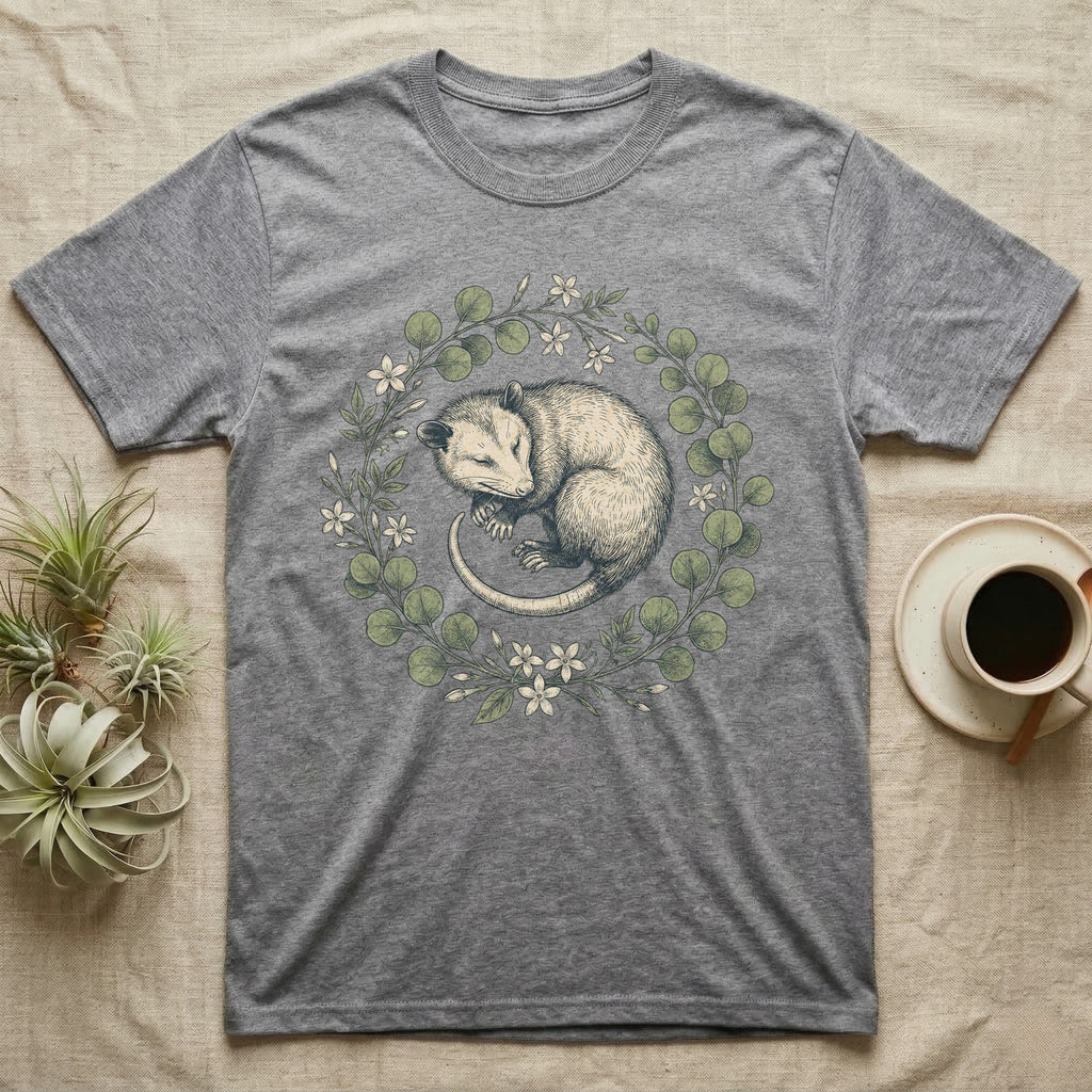 Grey t-shirt with illustration of a sleeping opossum within a floral wreath.