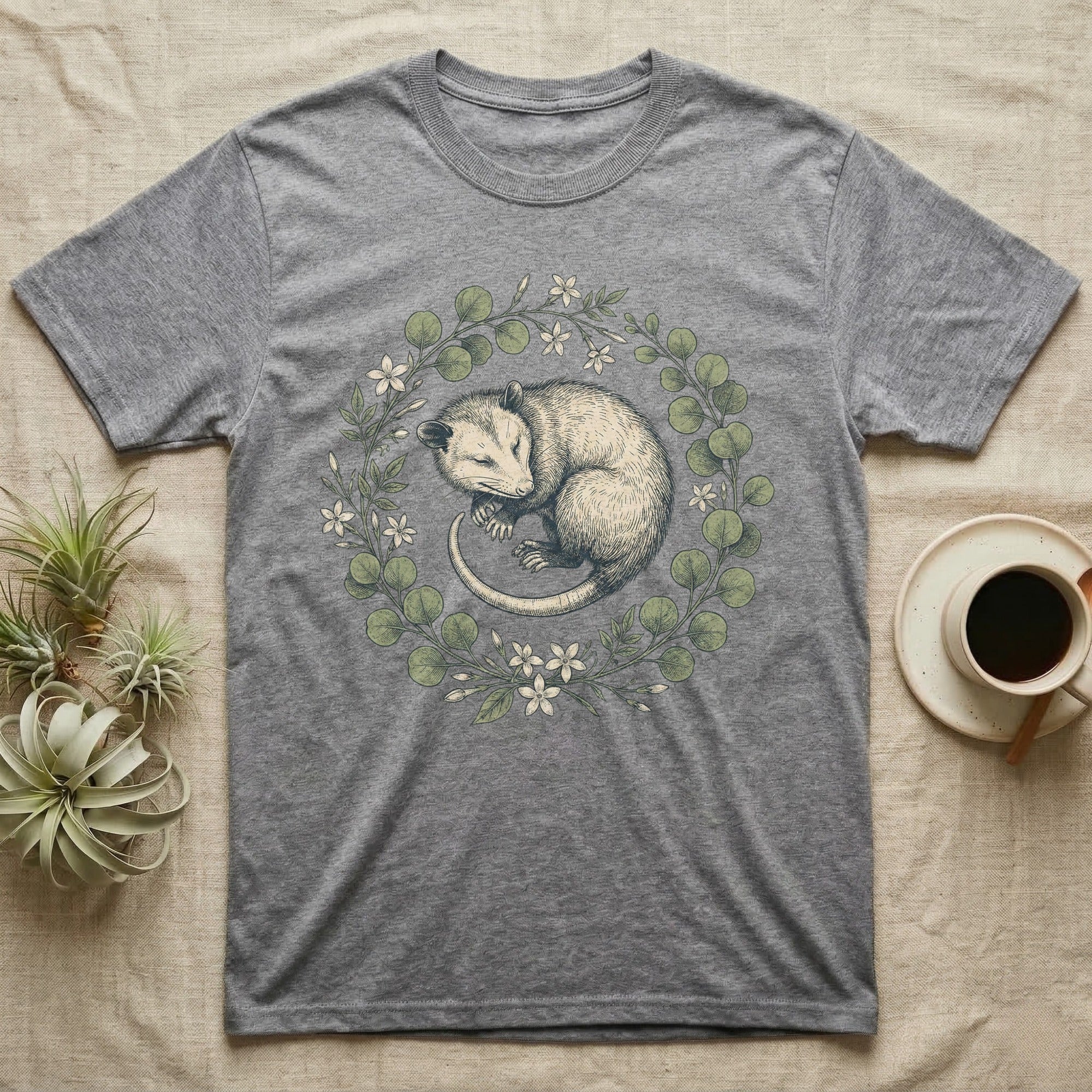 Grey t-shirt with illustration of a sleeping opossum within a floral wreath.