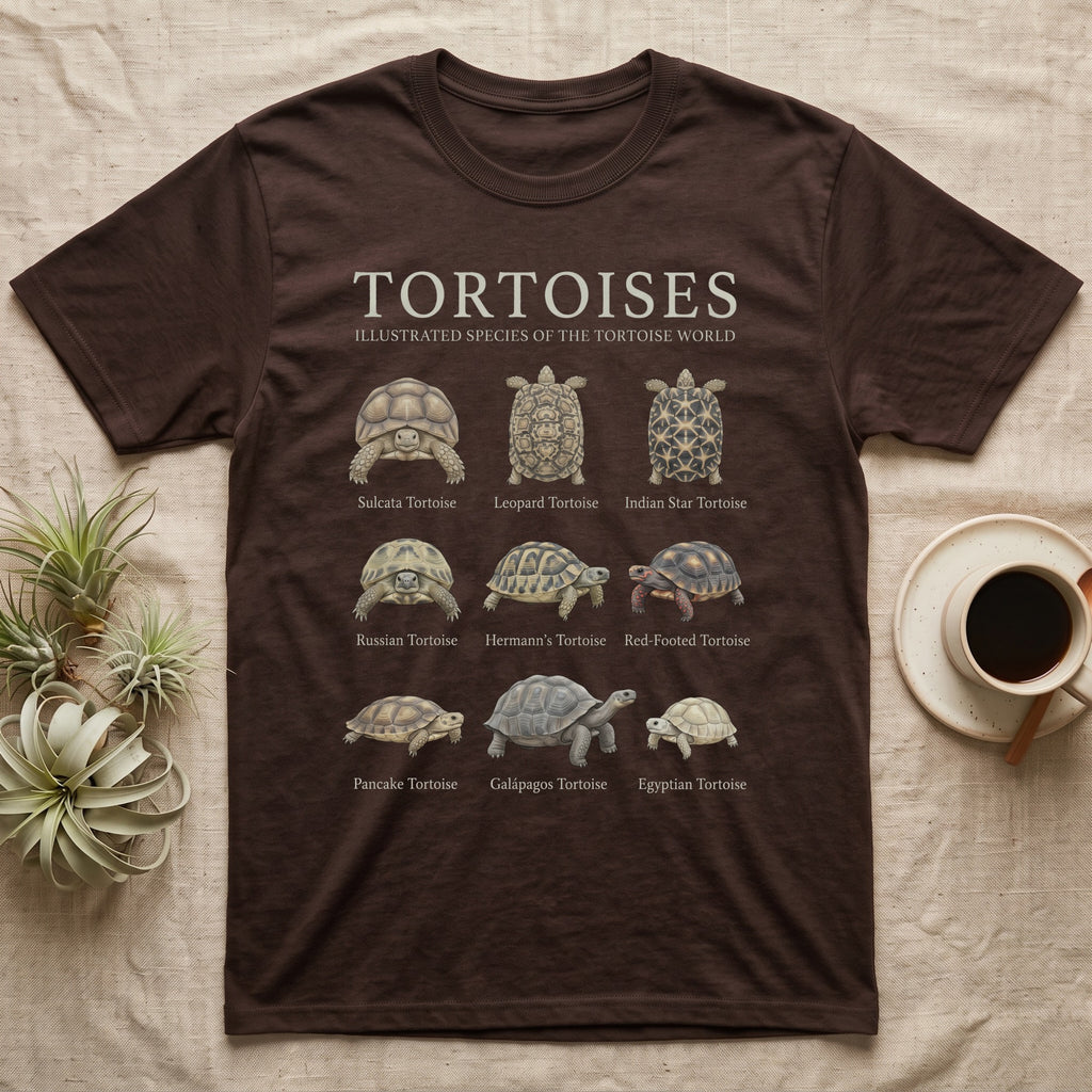 Tortoise Species Chart T-Shirt in Dark Chocolate — Watercolour chart of nine named tortoise species under a cream serif Tortoises title on charcoal grey