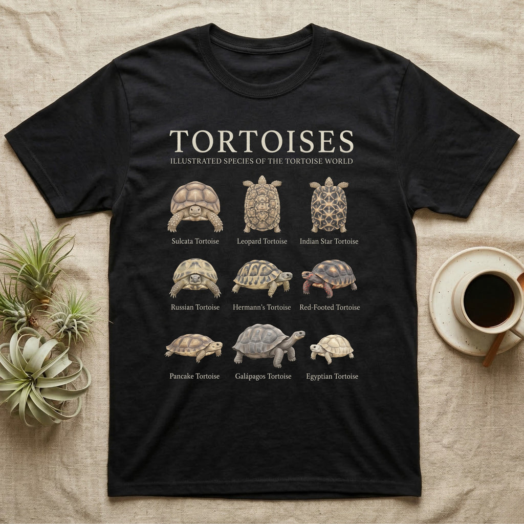 Tortoise Species Chart T-Shirt in Black — Watercolour chart of nine named tortoise species under a cream serif Tortoises title on charcoal grey