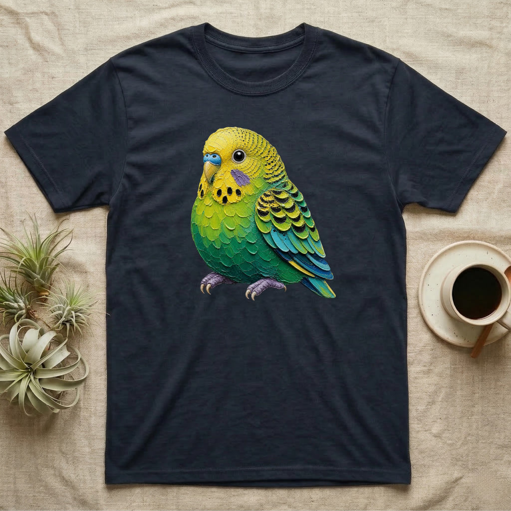 Dark t-shirt featuring a detailed, realistic illustration of a green and yellow budgie.