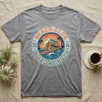 Gray t-shirt with circular "Beach Club" graphic featuring a camper van.