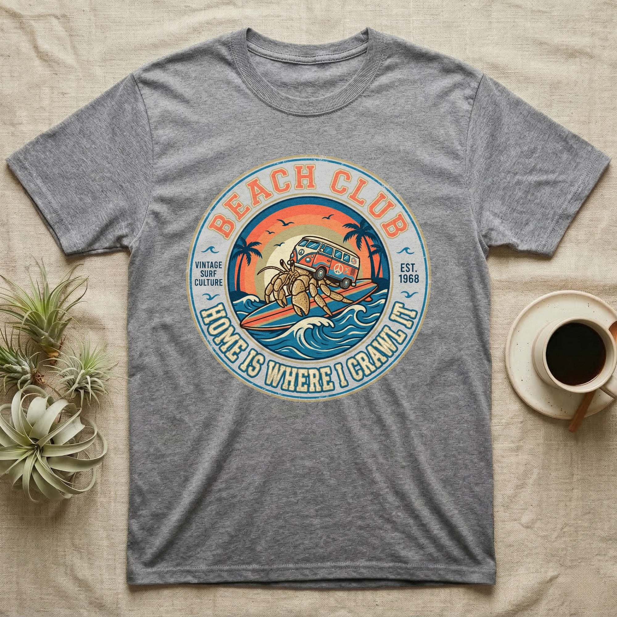Gray t-shirt with circular "Beach Club" graphic featuring a camper van.